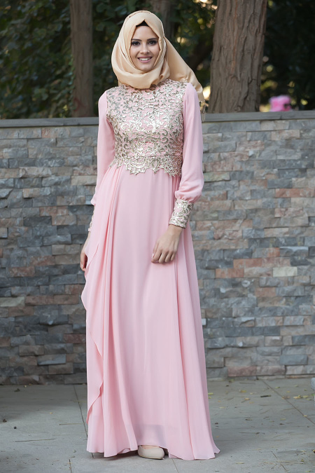 Evening Dresses - Salmon Pink Hijab Dress 2211SMN