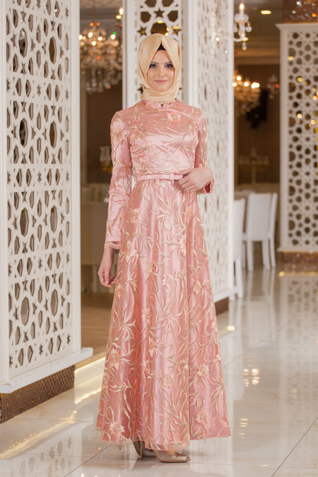 Evening Dresses - Salmon Pink Hijab Dress 2218SMN
