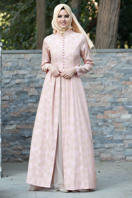 Evening Dresses - Salmon Pink Hijab Dress 2229SMN