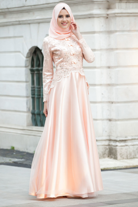 Evening Dresses - Salmon Pink Hijab Dress 2252SMN