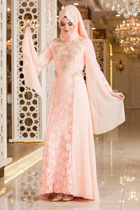 Evening Dresses - Salmon Pink Hijab Dress 2254SMN