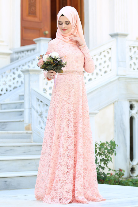 Evening Dresses - Salmon Pink Hijab Dress 2288SMN