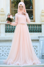 Evening Dresses - Salmon Pink Hijab Dress 2299SMN - Thumbnail