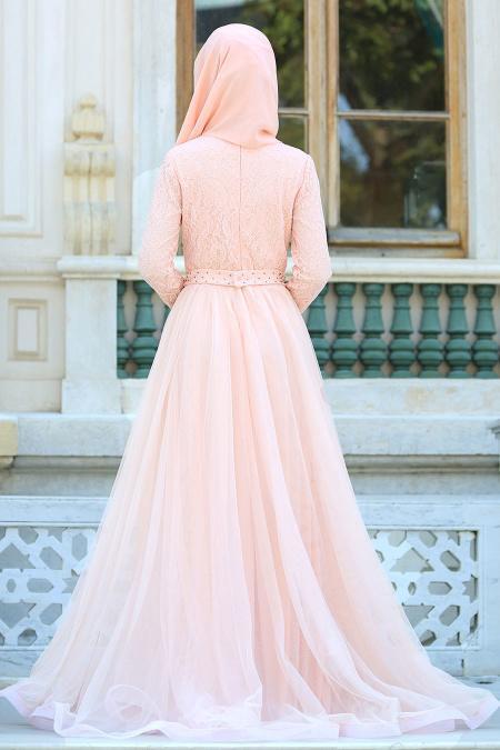 Evening Dresses - Salmon Pink Hijab Dress 2299SMN - 3