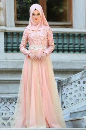 Evening Dresses - Salmon Pink Hijab Dress 2764SMN - 1