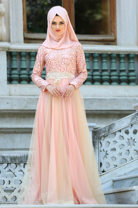 Evening Dresses - Salmon Pink Hijab Dress 2764SMN