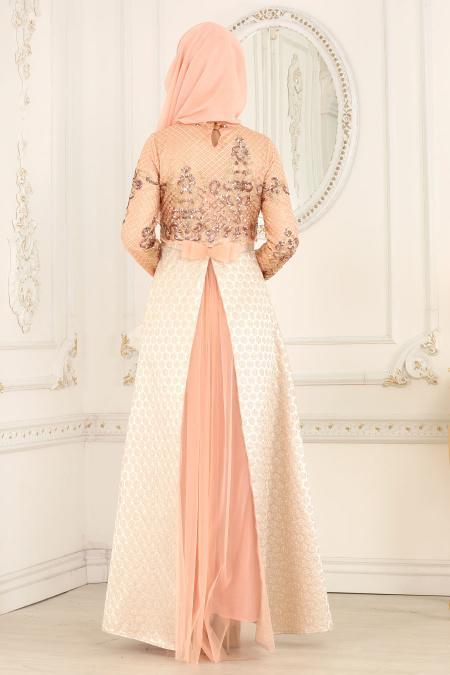 Evening Dresses - Salmon Pink Hijab Dress 3100SMN - 3