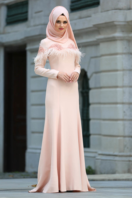 Evening Dresses - Salmon Pink Hijab Dress 3513SMN