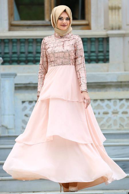 Evening Dresses - Salmon Pink Hijab Dress 3524SMN - 2