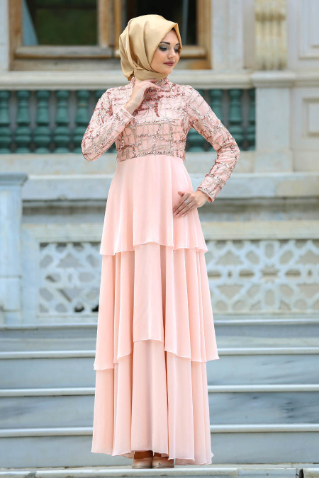 Evening Dresses - Salmon Pink Hijab Dress 3524SMN