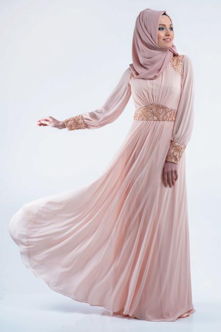 Evening Dresses - Salmon Pink Hijab Dress 3896SMN - 2