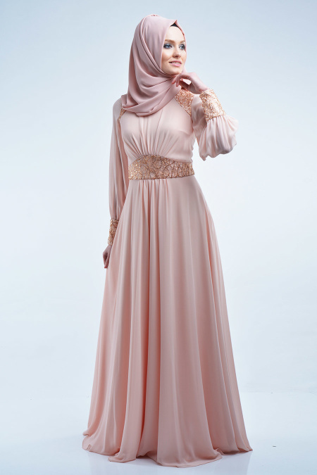 Evening Dresses - Salmon Pink Hijab Dress 3896SMN