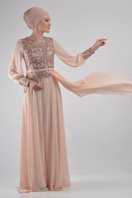 Evening Dresses - Salmon Pink Hijab Dress 4043SMN