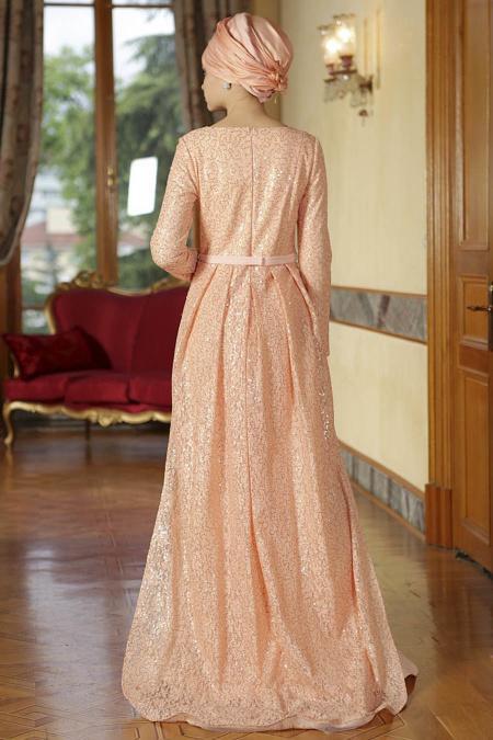 Evening Dresses - Salmon Pink Hijab Dress 4069SMN - 3