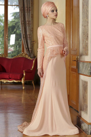 Evening Dresses - Salmon Pink Hijab Dress 4069SMN - Thumbnail