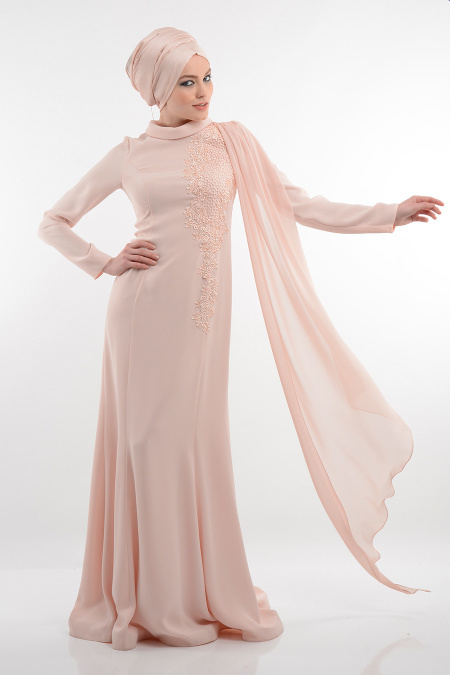 Evening Dresses - Salmon Pink Hijab Dress 4078SMN
