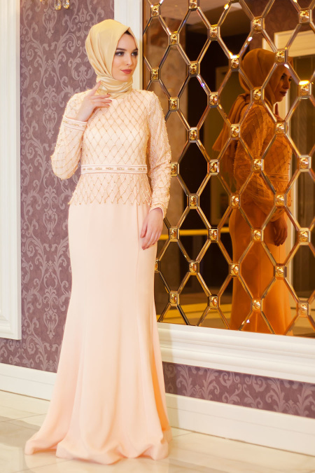 Evening Dresses - Salmon Pink Hijab Dress 4155SMN
