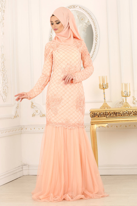 Evening Dresses - Salmon Pink Hijab Dress 4175SMN