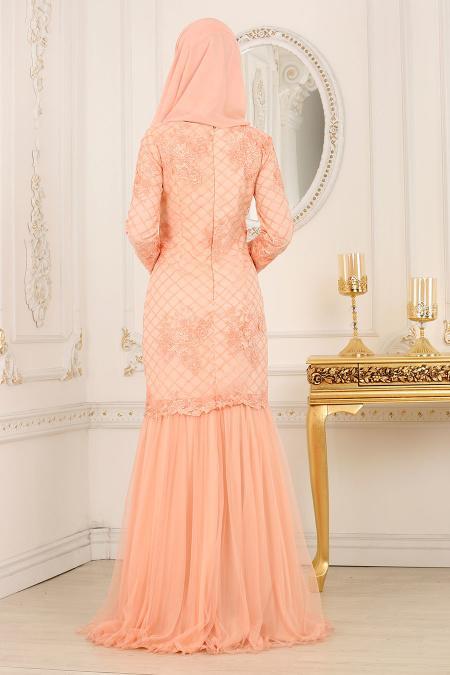 Evening Dresses - Salmon Pink Hijab Dress 4175SMN - 3