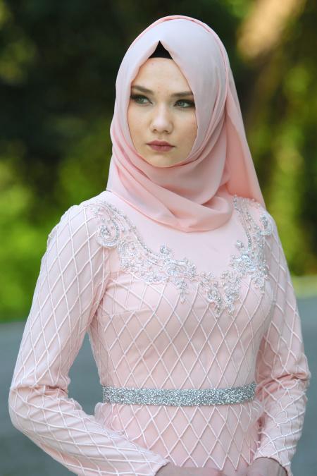Evening Dresses - Salmon Pink Hijab Dress 4200SMN - 2