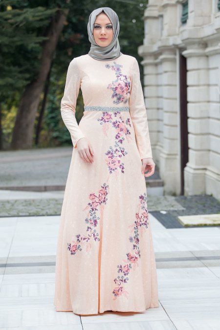 Evening Dresses - Salmon Pink Hijab Dress 4208SMN