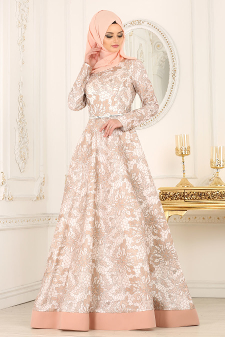 Evening Dresses - Salmon Pink Hijab Dress 42220SMN