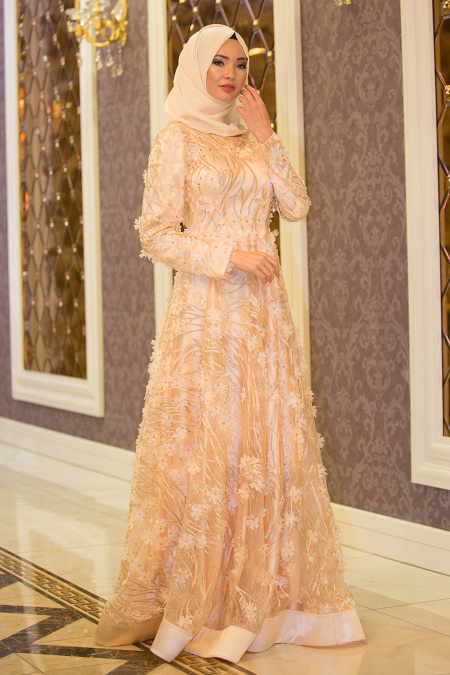 Evening Dresses - Salmon Pink Hijab Dress 4342SMN