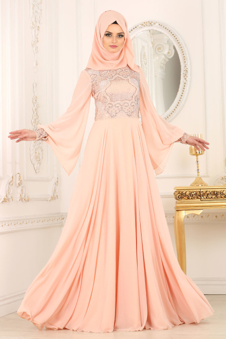 Evening Dresses - Salmon Pink Hijab Dress 4361SMN