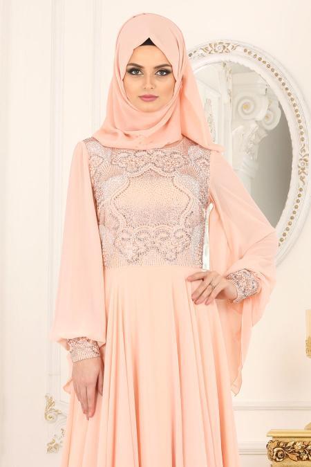 Evening Dresses - Salmon Pink Hijab Dress 4361SMN - 2