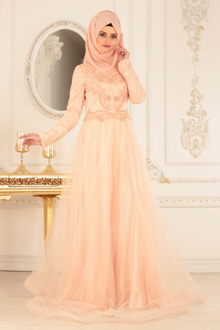 Evening Dresses - Salmon Pink Hijab Dress 4384SMN