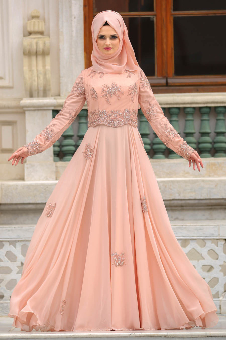 Evening Dresses - Salmon Pink Hijab Dress 43960SMN