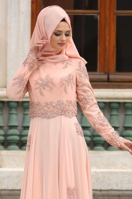 Evening Dresses - Salmon Pink Hijab Dress 43960SMN - 2