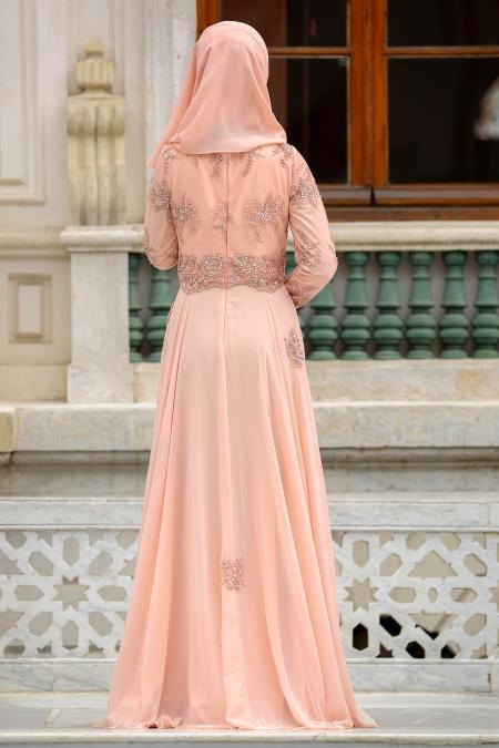 Evening Dresses - Salmon Pink Hijab Dress 43960SMN - 3