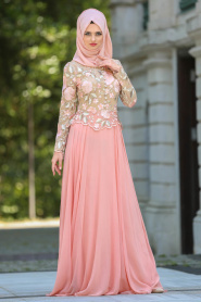 Evening Dresses - Salmon Pink Hijab Dress 74880SMN - Thumbnail