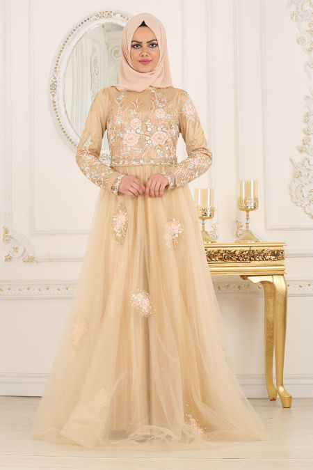 Evening Dresses - Salmon Pink Hijab Dress 7501SMN
