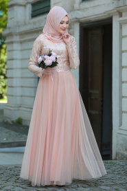 Evening Dresses - Salmon Pink Hijab Dress 7554SMN - Thumbnail