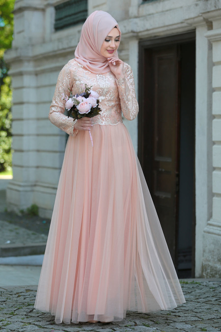 Evening Dresses - Salmon Pink Hijab Dress 7554SMN