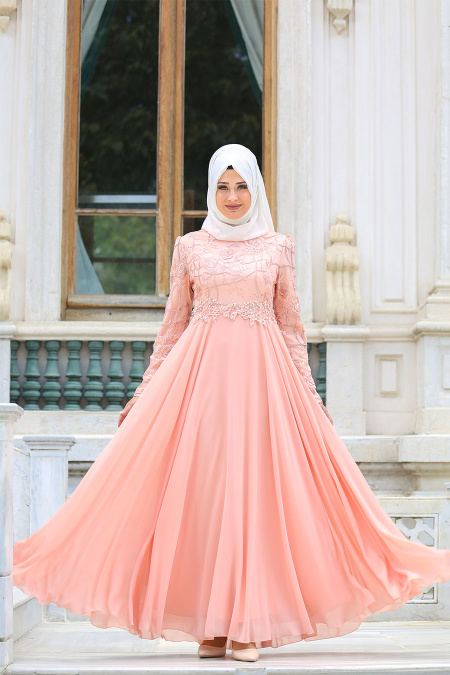 Evening Dresses - Salmon Pink Hijab Dress 7558SMN