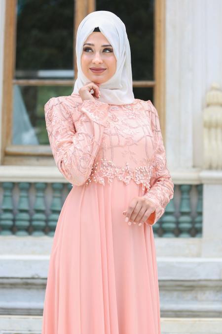 Evening Dresses - Salmon Pink Hijab Dress 7558SMN - 2