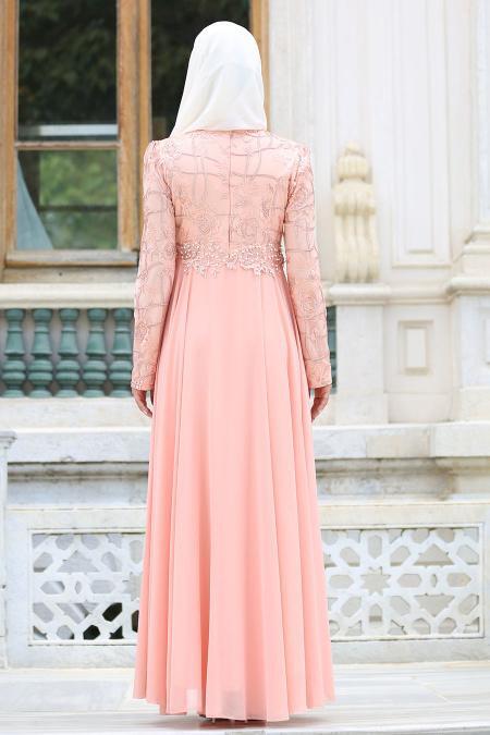 Evening Dresses - Salmon Pink Hijab Dress 7558SMN - 3
