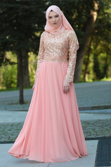 Evening Dresses - Salmon Pink Hijab Dress 7565SMN