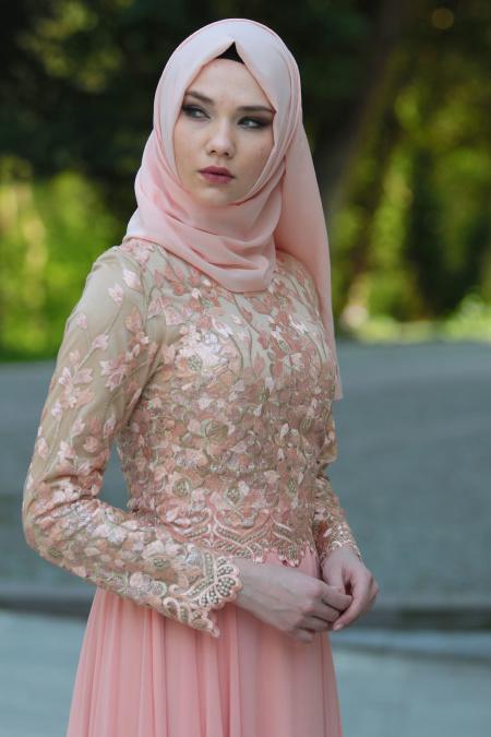 Evening Dresses - Salmon Pink Hijab Dress 7565SMN - 2