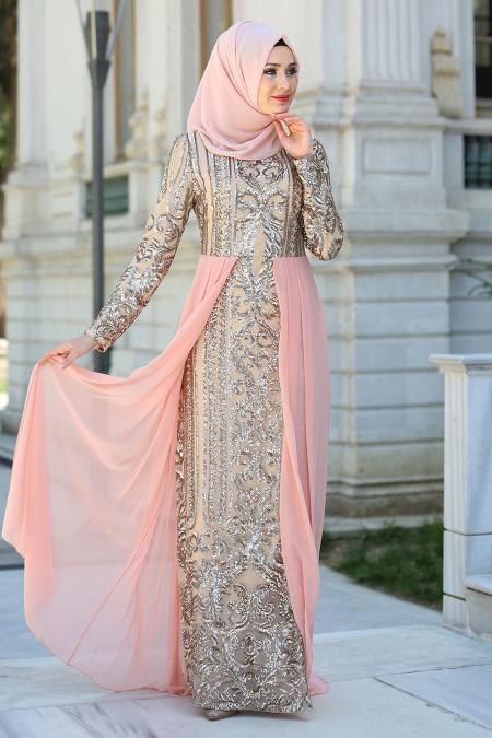 Evening Dresses - Salmon Pink Hijab Dress 7567SMN - 1