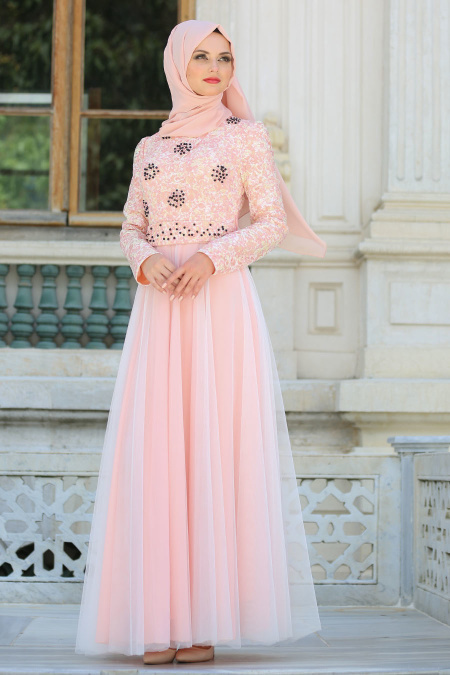 Evening Dresses - Salmon Pink Hijab Dress 75830SMN