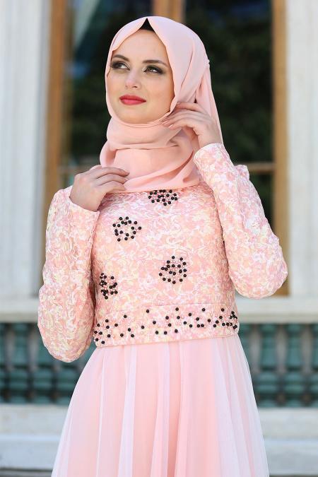Evening Dresses - Salmon Pink Hijab Dress 75830SMN - 2