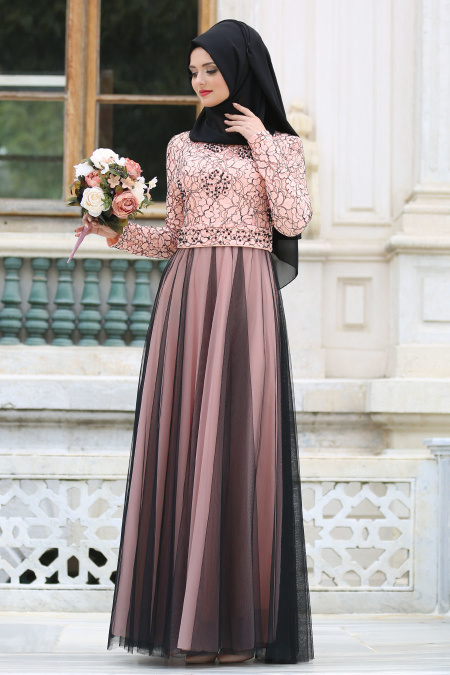 Evening Dresses - Salmon Pink Hijab Dress 7583SMN