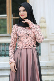 Evening Dresses - Salmon Pink Hijab Dress 7583SMN - Thumbnail