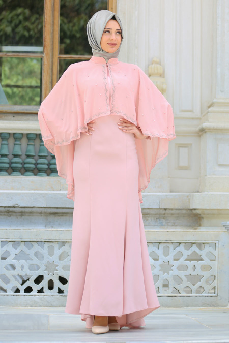 Evening Dresses - Salmon Pink Hijab Dress 7612SMN