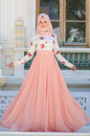 Evening Dresses - Salmon Pink Hijab Dress 7617SMN - Thumbnail