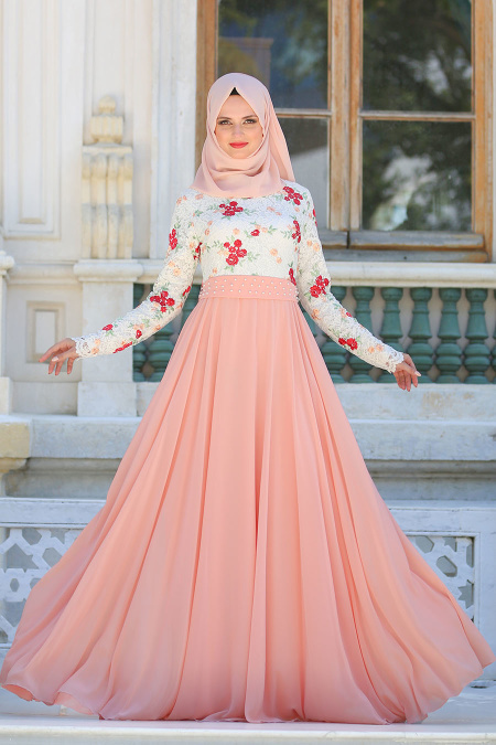 Evening Dresses - Salmon Pink Hijab Dress 7617SMN